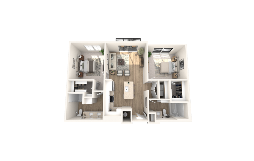 Oak Amber - 2 bedroom floorplan layout with 2 baths and 1127 square feet.