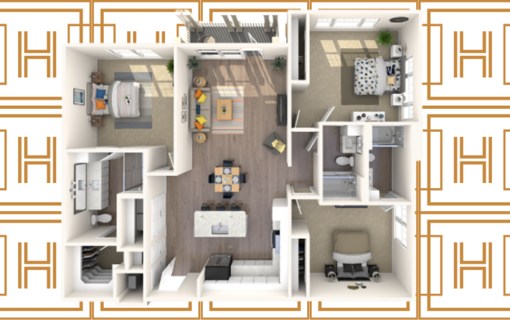 3 bedroom 2 bathroom apartment with a private balcony and kitchen island
