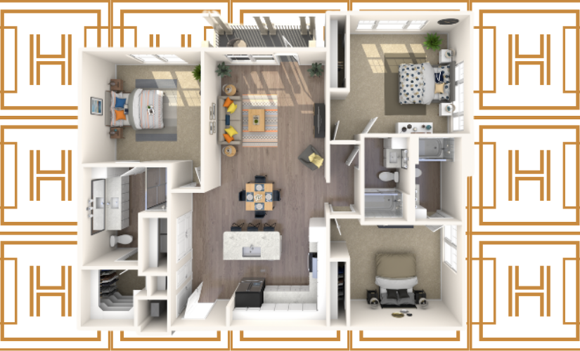 3 bedroom 2 bathroom apartment with a private balcony and kitchen island